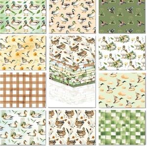 Duck & Waterfowl Pattern Fabric Bundle in Green, Cream & Tan 10 Fat Quarters